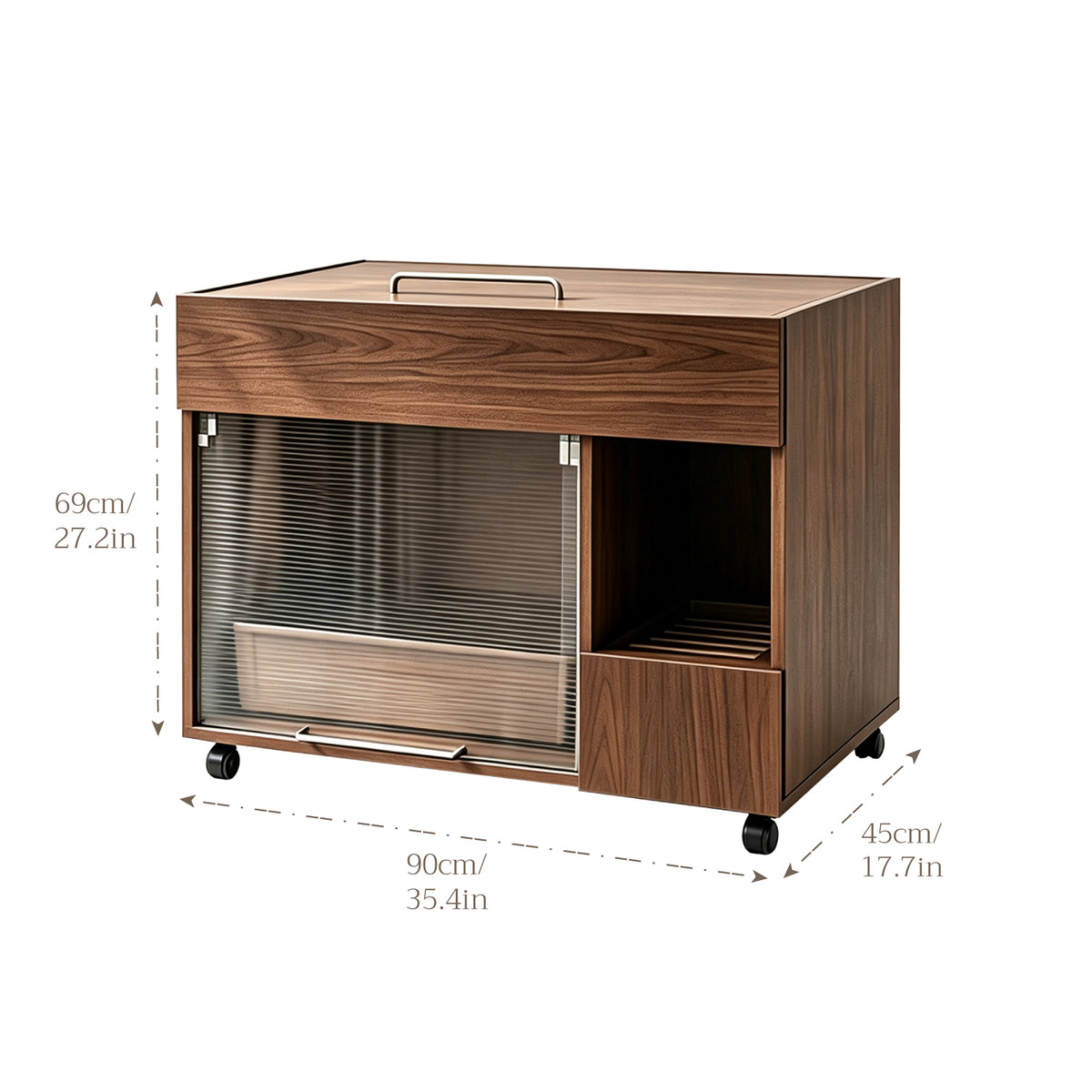Solid Wood Cat Litter Box Cabinet, Hidden Enclosed Cat Washroom with Wheels, Multi-functional Pet Furniture for Indoor Cats