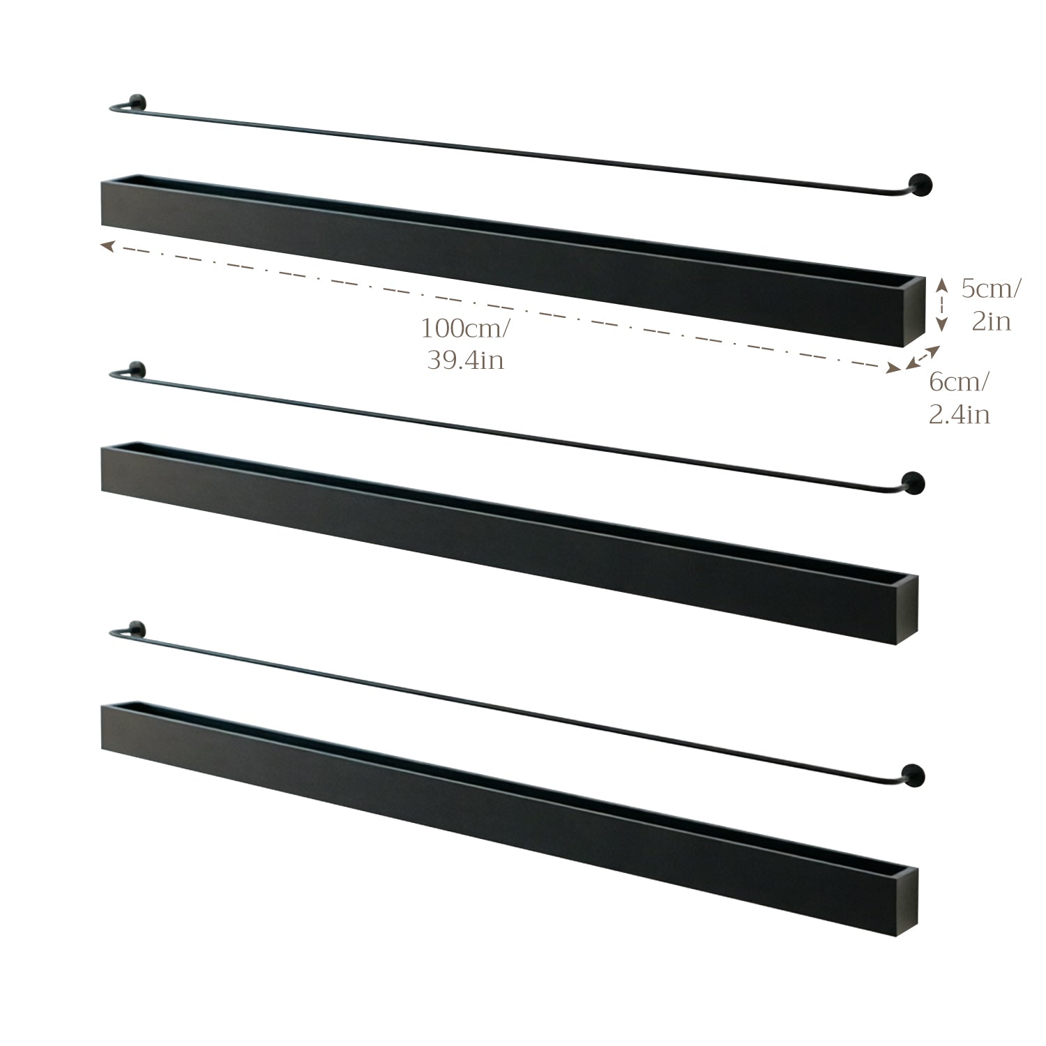 Wall Mount Metal Floating Bookshelf with Retaining Rod, 2 Tier & 3 Tier Options, Black Painted 100cm Wall Magazine Display Rack for Study Living Room
