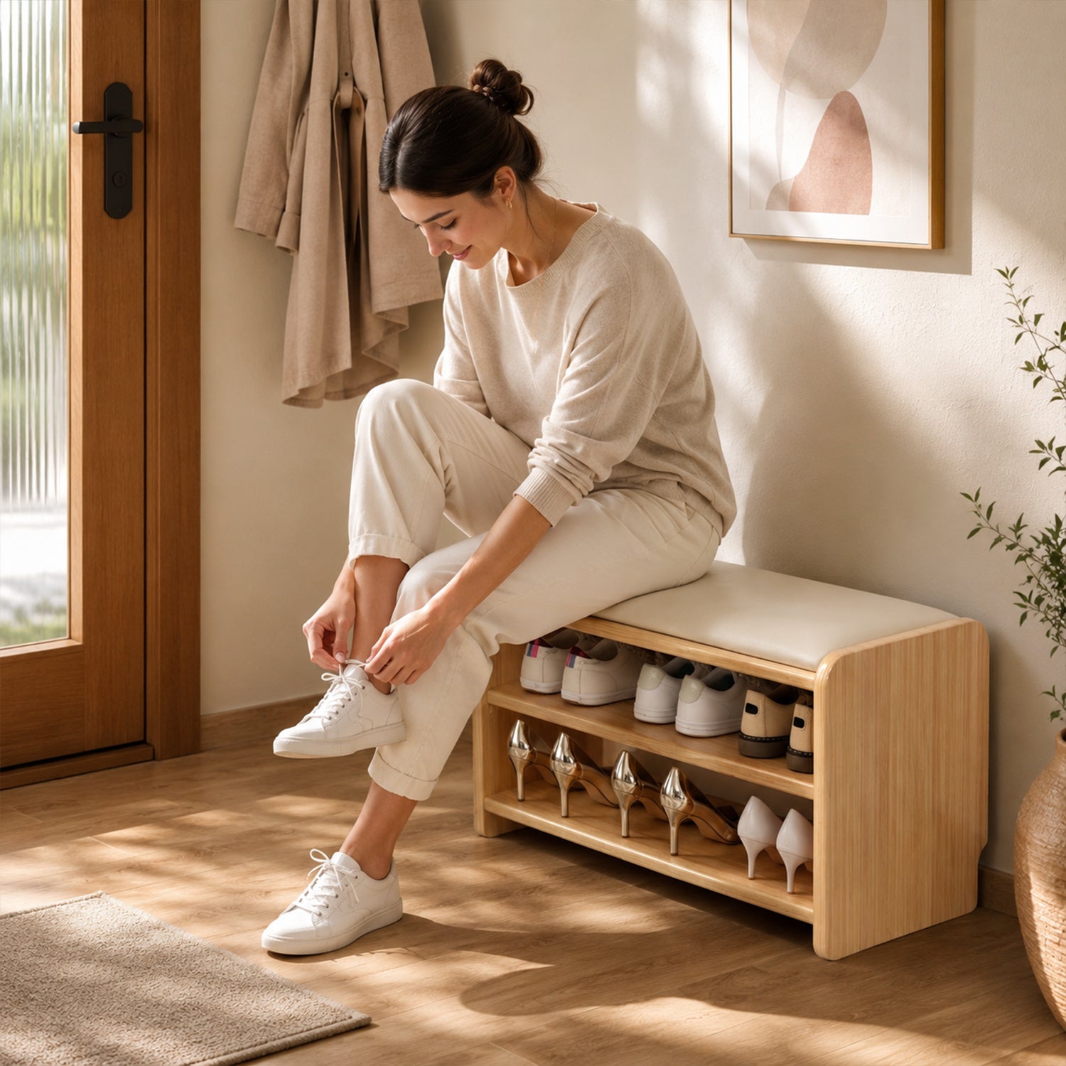 60cm Narrow Entryway Shoe Bench, Compact Stool with Under-Bench Shoe Storage