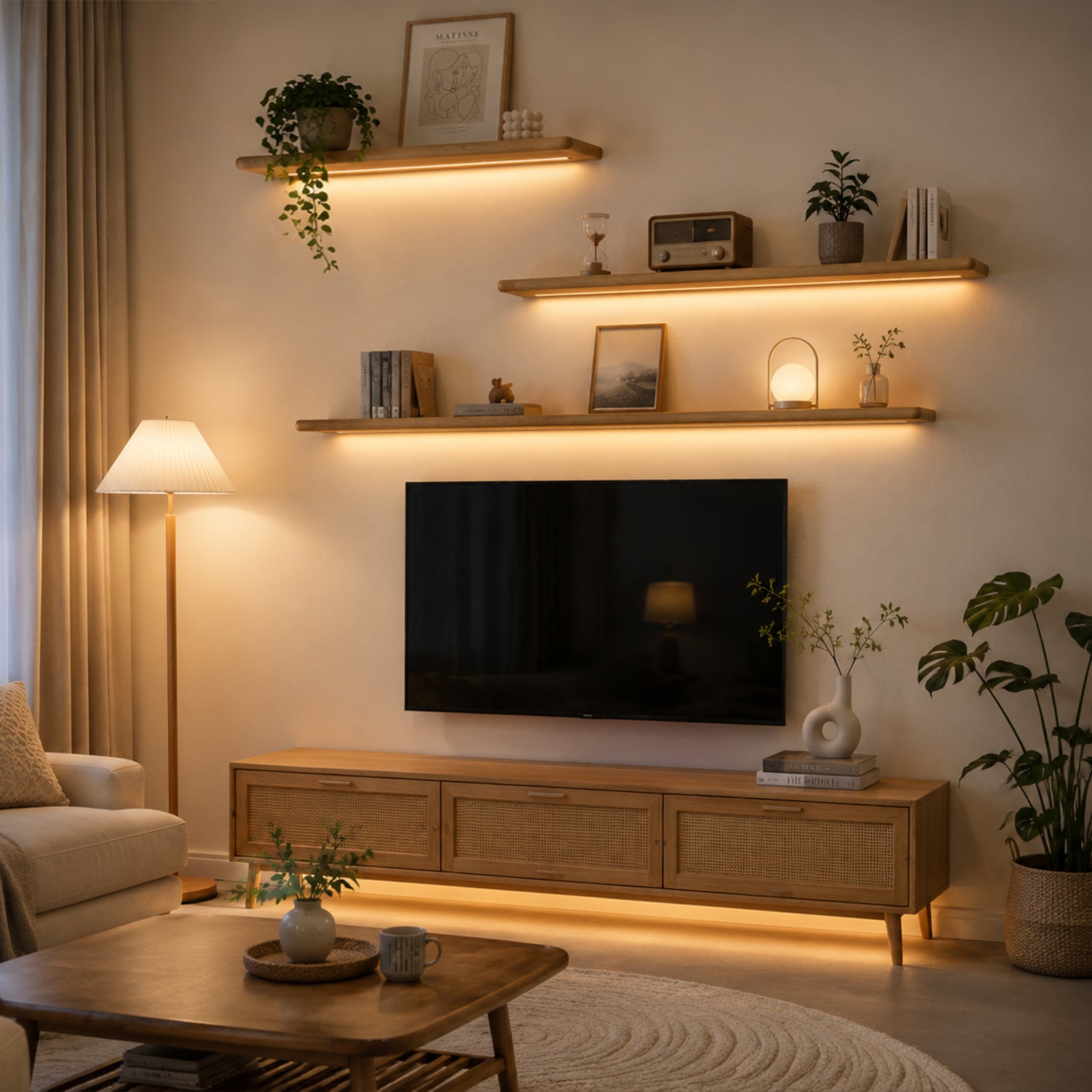 3‑Piece Natural Solid Pine Floating Shelves with LED Light Combo Set, 60/90/120cm Wall‑Mount Display Shelf for Nordic Feature Wall Decor