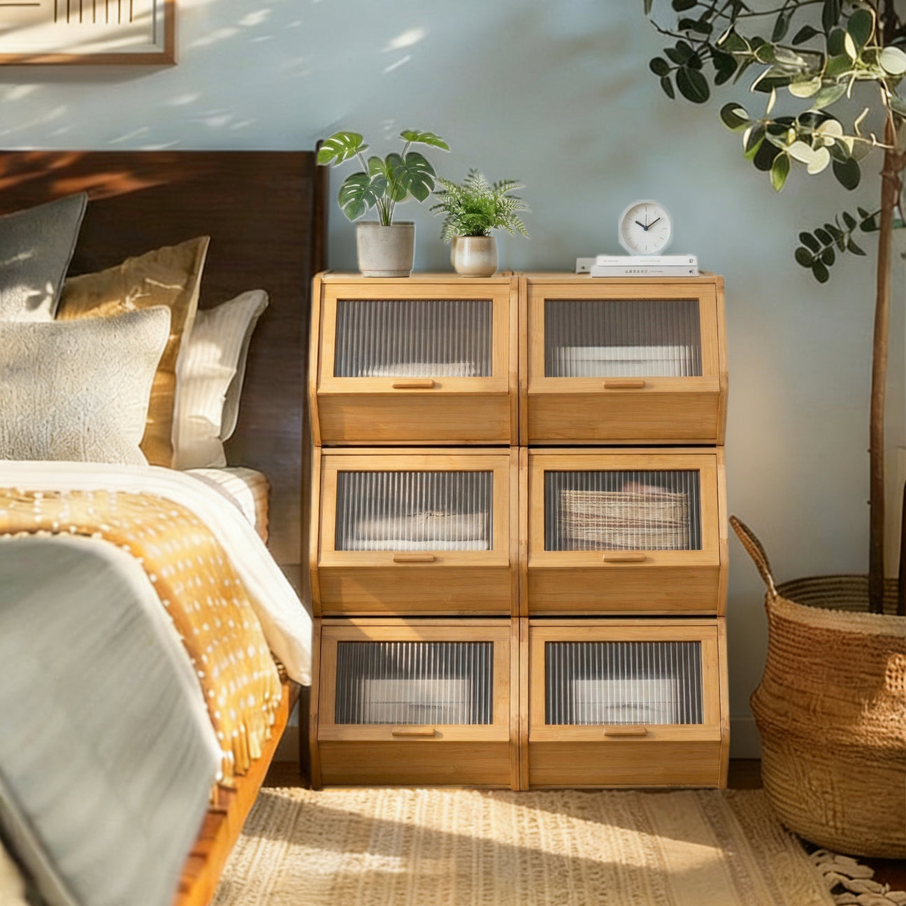 Stackable Bamboo Storage Cabinet with Glass Door