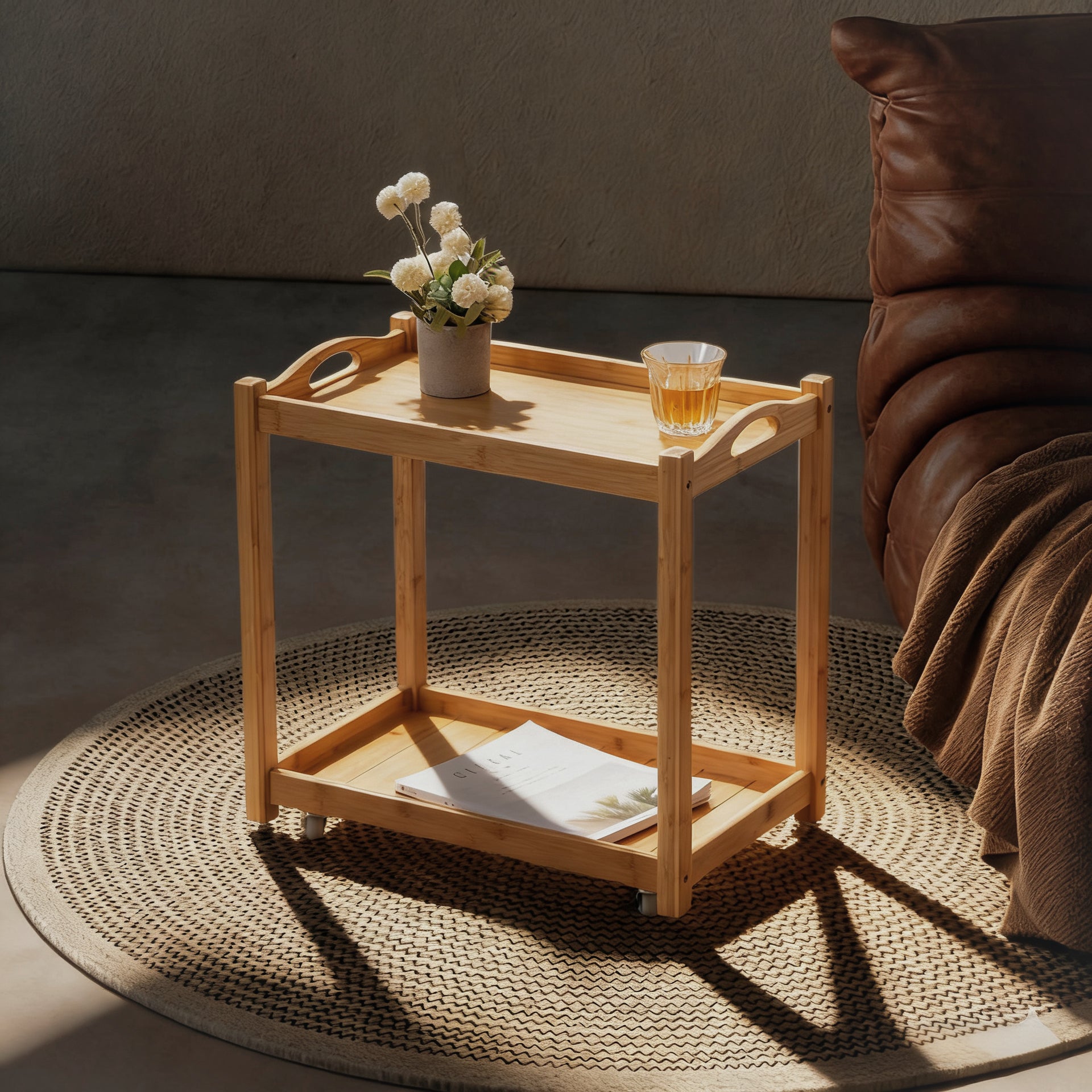 Nordic Bamboo Board End Table with Wheels, 2-Tier Rolling Side Table